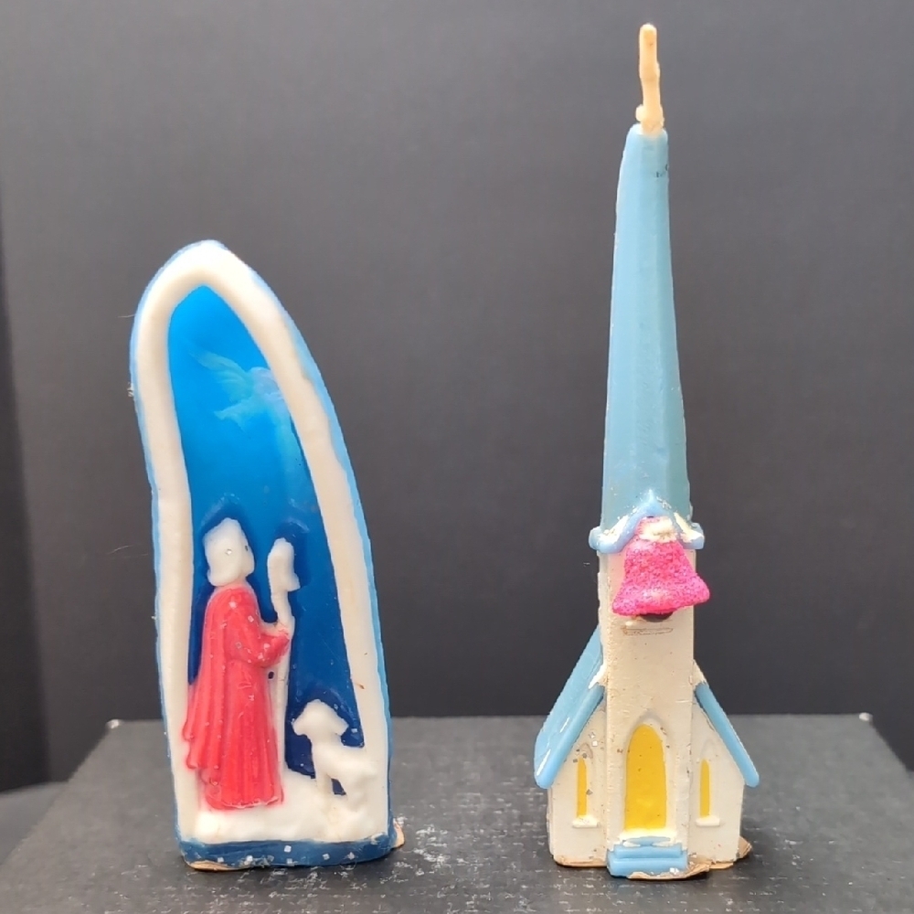 VGT 1950s Gurley Novelty Co,Lot Of 2 Shepherd/Sheep And Steeple Church Candles.